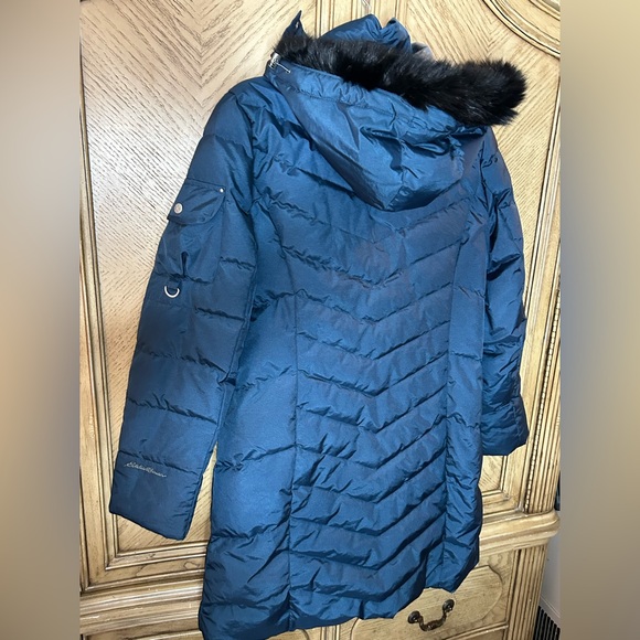 Eddie Bauer Sun Valley Down Parka Coat Women's Navy Blue Puffer Hood size L - Picture 4 of 13